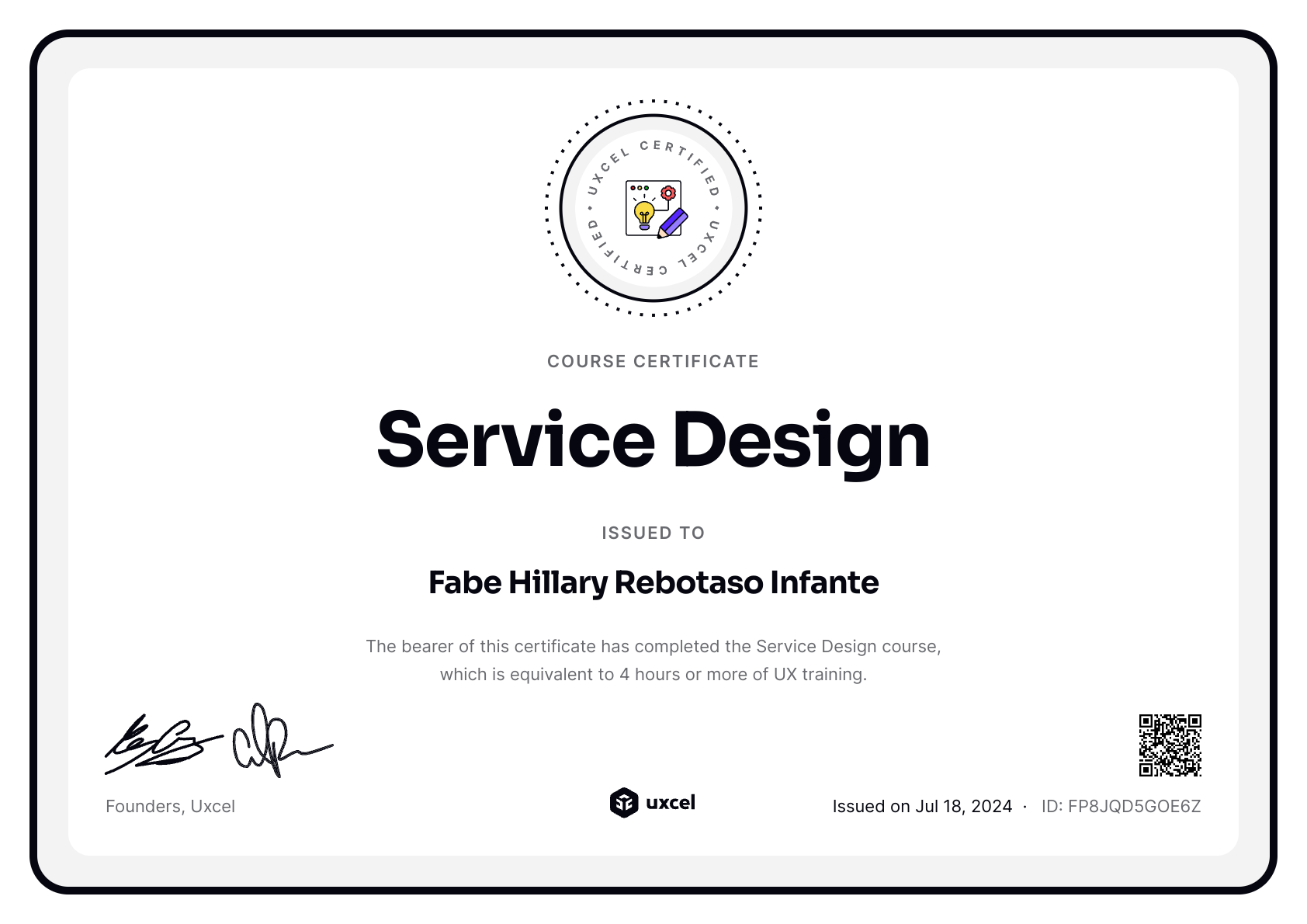 Fabe Hillary Rebotaso Infante's certificate